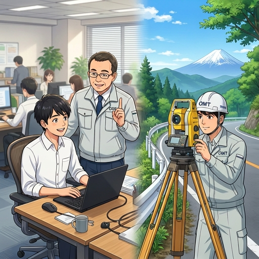 アニメ調のイラスト。吹き出しはなし。画面は左右で2つのシーンが自然に融合している。左側：オフィス内。若い男性社員がデスクに座り、ノートパソコンから顔を上げて笑顔を見せている。その隣には、薄いグレーの作業着を着た優しい先輩の男性社員が立ち、人差し指を立てて教えている。先輩の作業着の左胸には「OMT」という文字のロゴが入っている。右側：屋外のシーン。白いヘルメットと薄いグレーの作業着を着た若い男性作業員が、三脚に乗った黄色い測量機を操作している。ヘルメットの正面と作業着の左胸には、はっきりと「OMT」という文字が描かれている。背景には緑の木々、青空、富士山のような雪山。明るくプロフェッショナルな雰囲気。高画質。